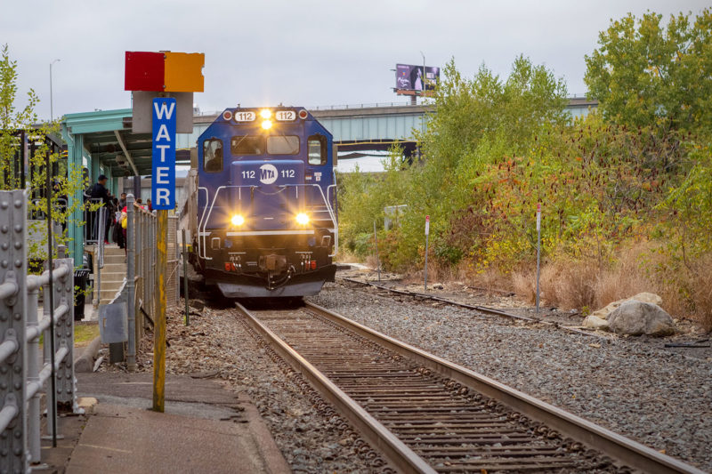 The final stop on this train is next to the WATER block limit sign