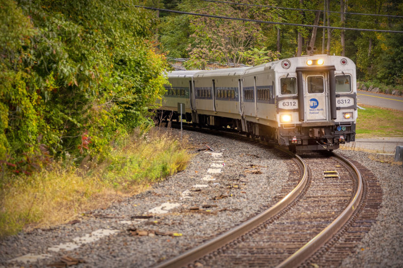 A Saturday afternoon train approaches Beacon Falls station